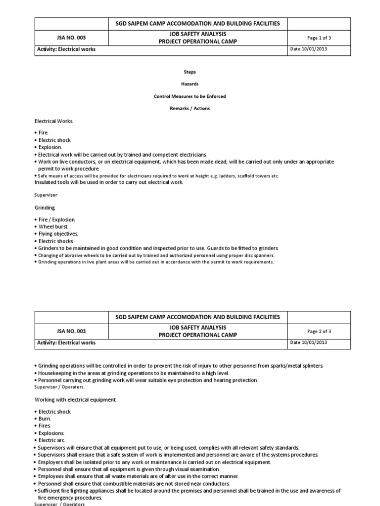 Electrical Job Safety Analysis JSA 003 | PDF | Electrician | Hazards