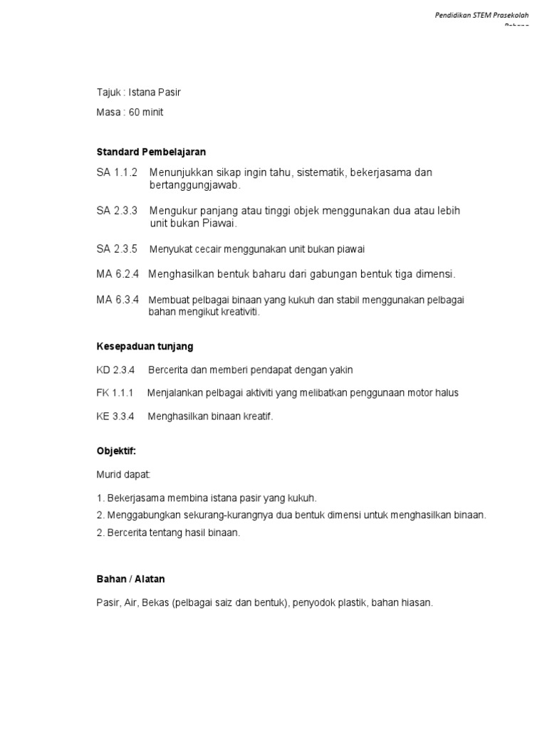 Aktiviti Pembelajaran Istana Pasir STEM | PDF