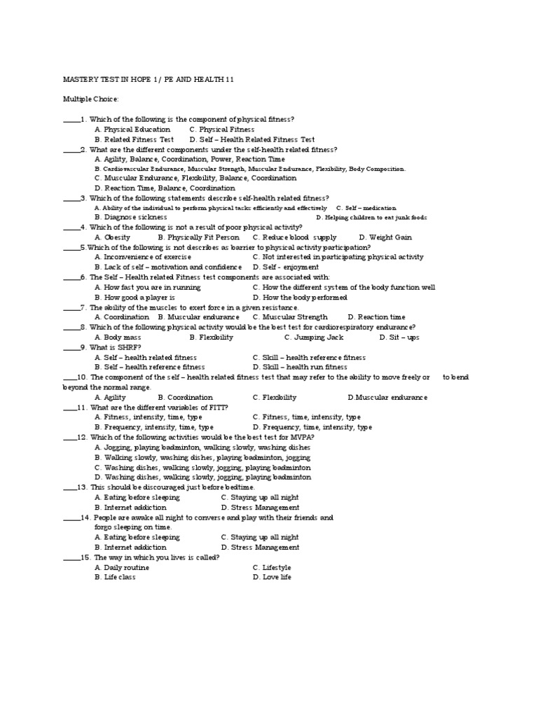 MASTERY TEST IN HOPE 1 Week 1 | PDF | Physical Fitness | Flexibility ...