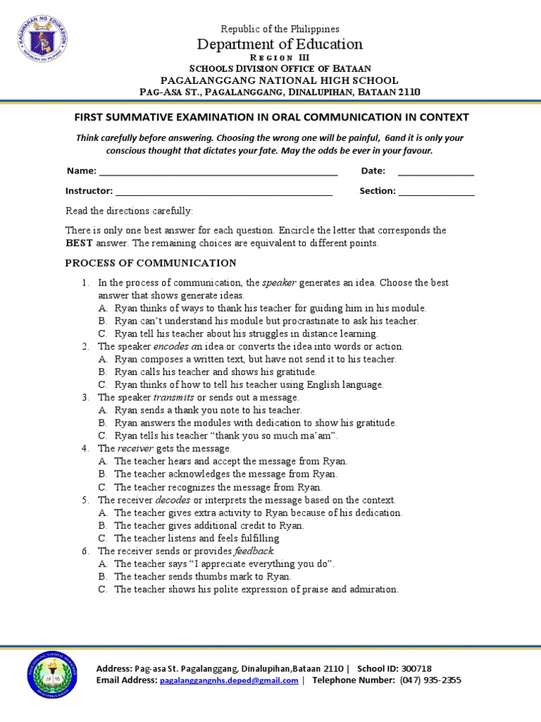 Oral Communication Exam Guide | PDF | Human Communication | Communication
