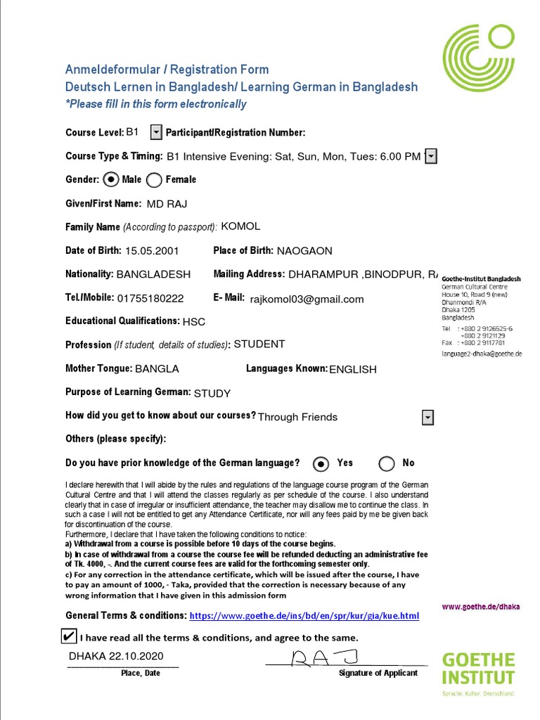 Registration for German Course in Bangladesh | PDF
