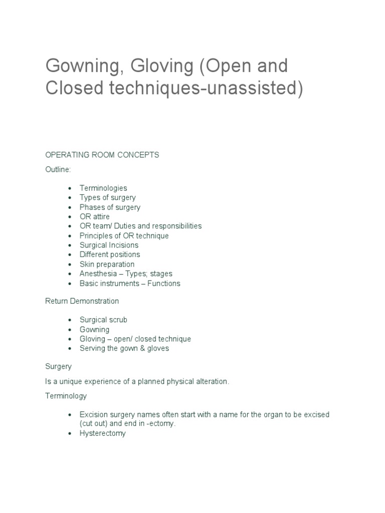 Gowning, Gloving (Open and Closed TechniquesUnassisted) PDF Glove