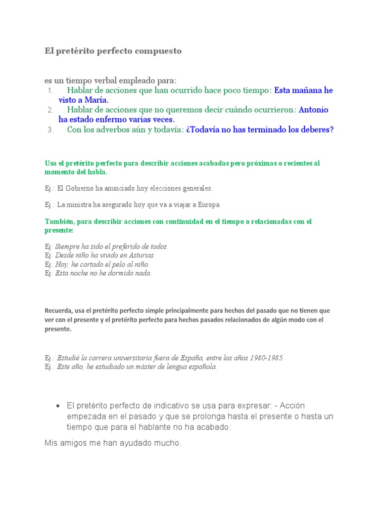 El Pretérito Perfecto Compuesto | PDF | Mecánica del lenguaje | Lingüística