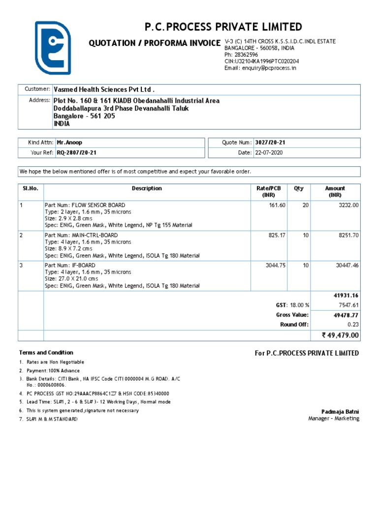 P.C.PROCESS PRIVATE LIMITED QUOTATION FOR FLOW SENSOR, MAIN-CTRL AND IF ...
