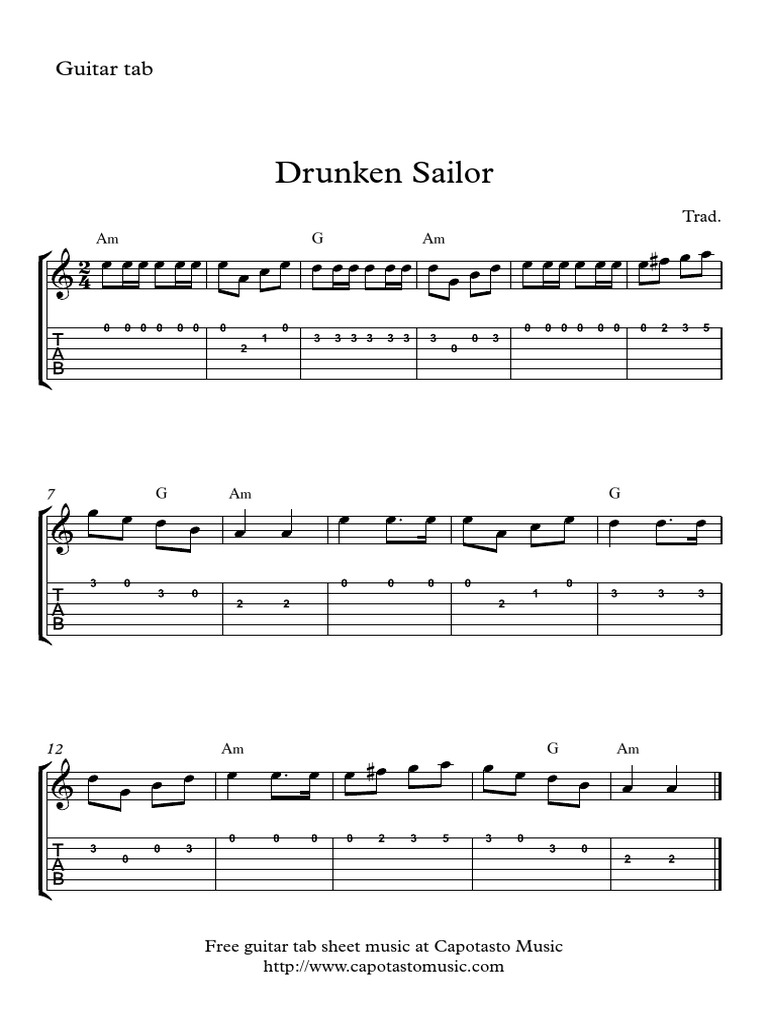 Drunken Sailor Guitar Tab Melody PDF