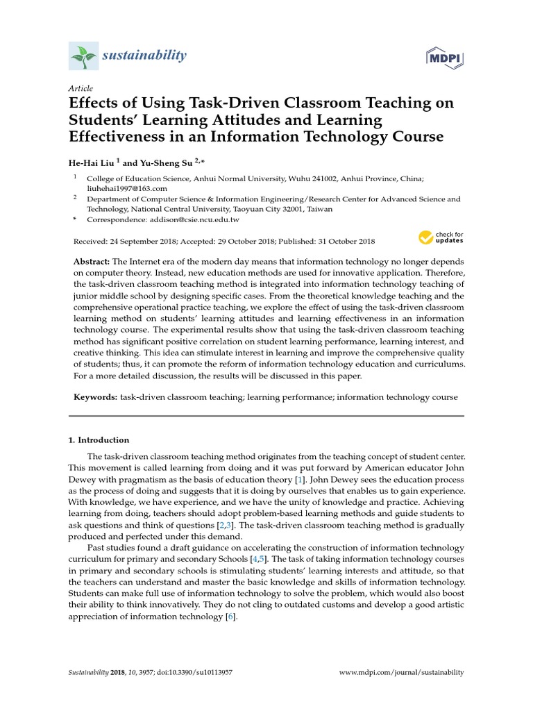 Effects of Using Task-Driven Classroom Teaching On Students' Learning ...