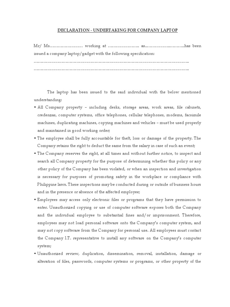 Company Laptop Declaration Undertaking | PDF | Copyright Infringement ...