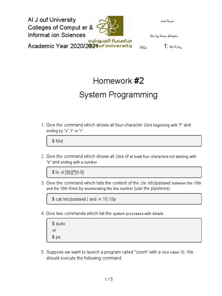 Homework System Programming: Al J Ouf University Colleges of Comput Er ...