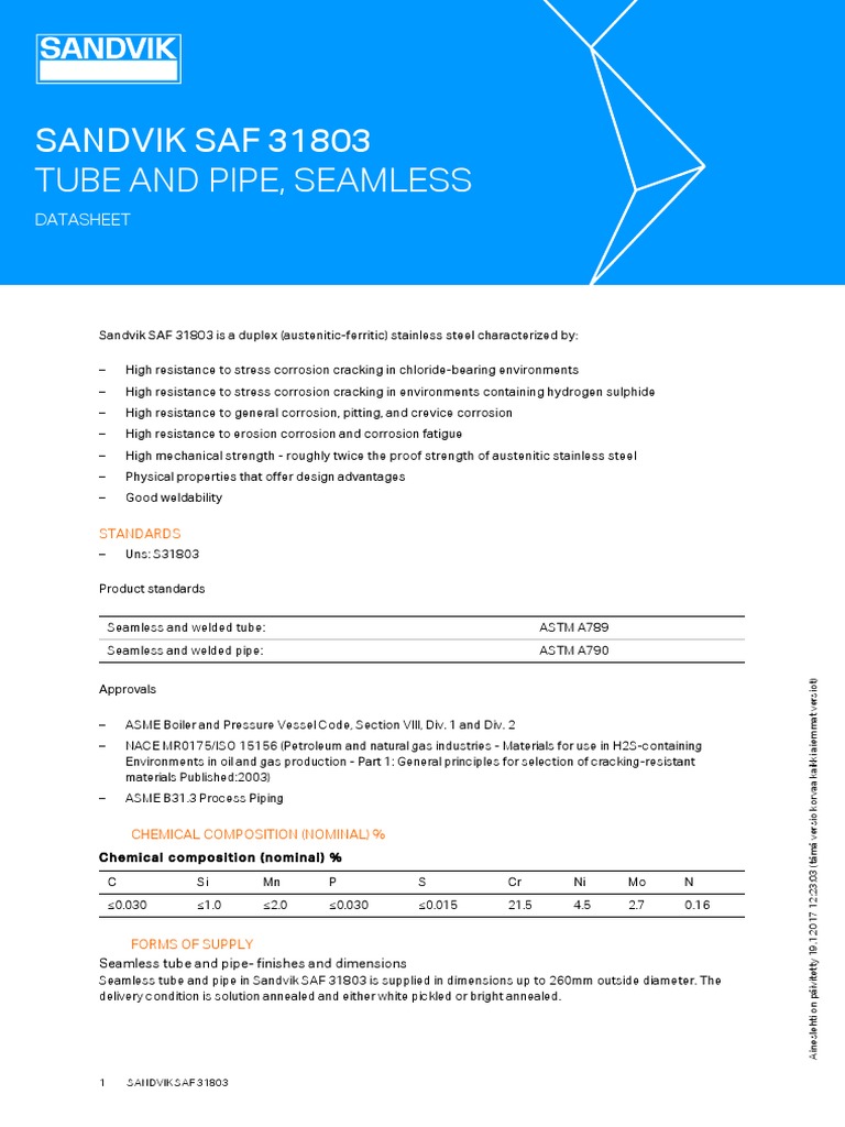 Sandvik Saf 31803 Tube and Pipe, Seamless: Datasheet | PDF | Heat ...