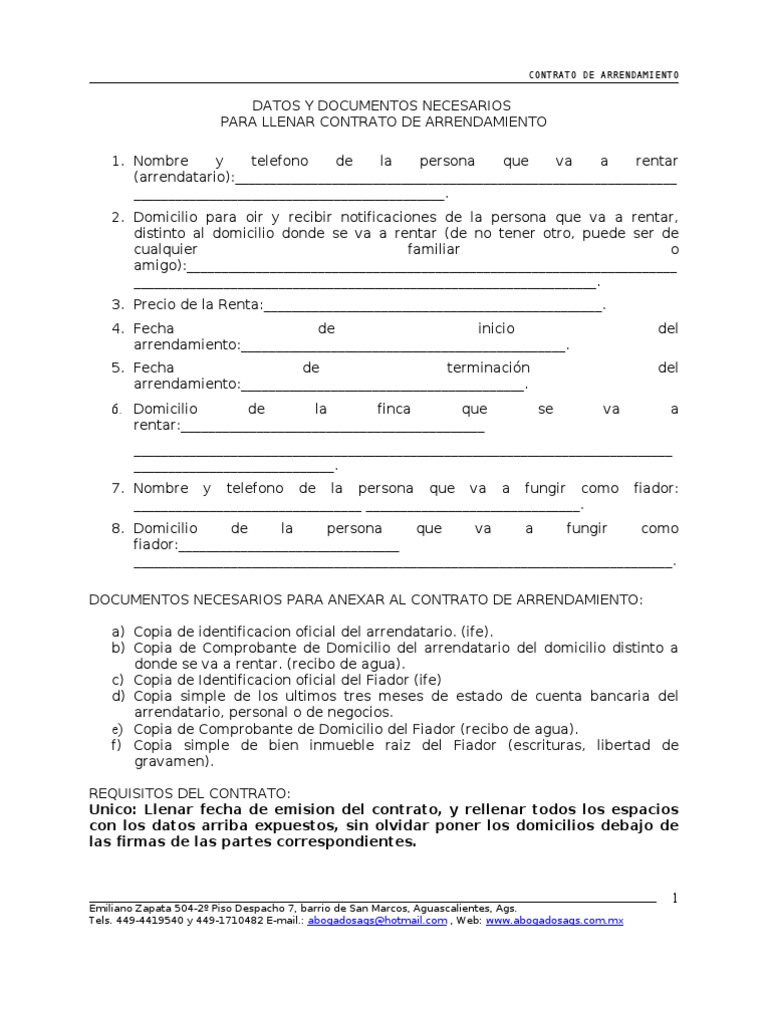 Contrato de Arrendamiento General Aguascalientes