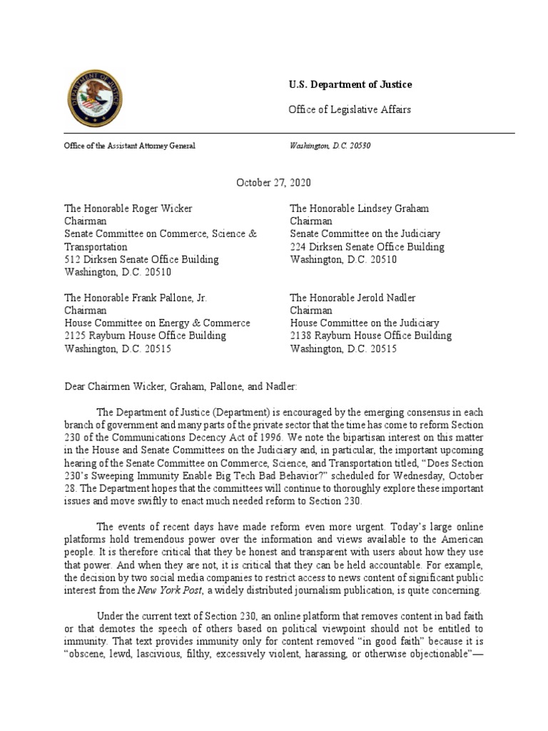 DOJ Letter To Congressional Leadership Re Sec. 230 PDF Government