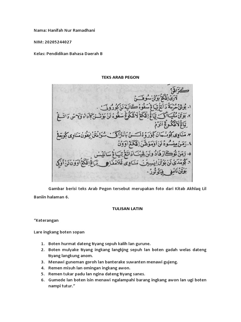Hanifah Nur Ramadhani - 20205244027 - Teks Arab Pegon Dan Penulisan ...