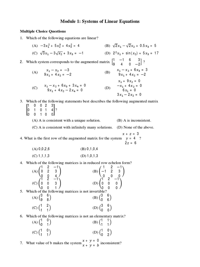 Module 1 Systems of Linear Equations Multiple Choice Questions PDF
