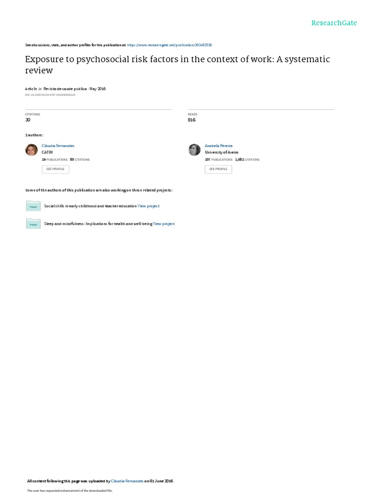 Exposure To Psychosocial Risk Factors in The Conte | PDF | Social ...