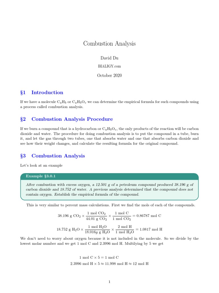 Empirical Formula via Combustion Analysis | PDF | Mole (Unit) | Combustion