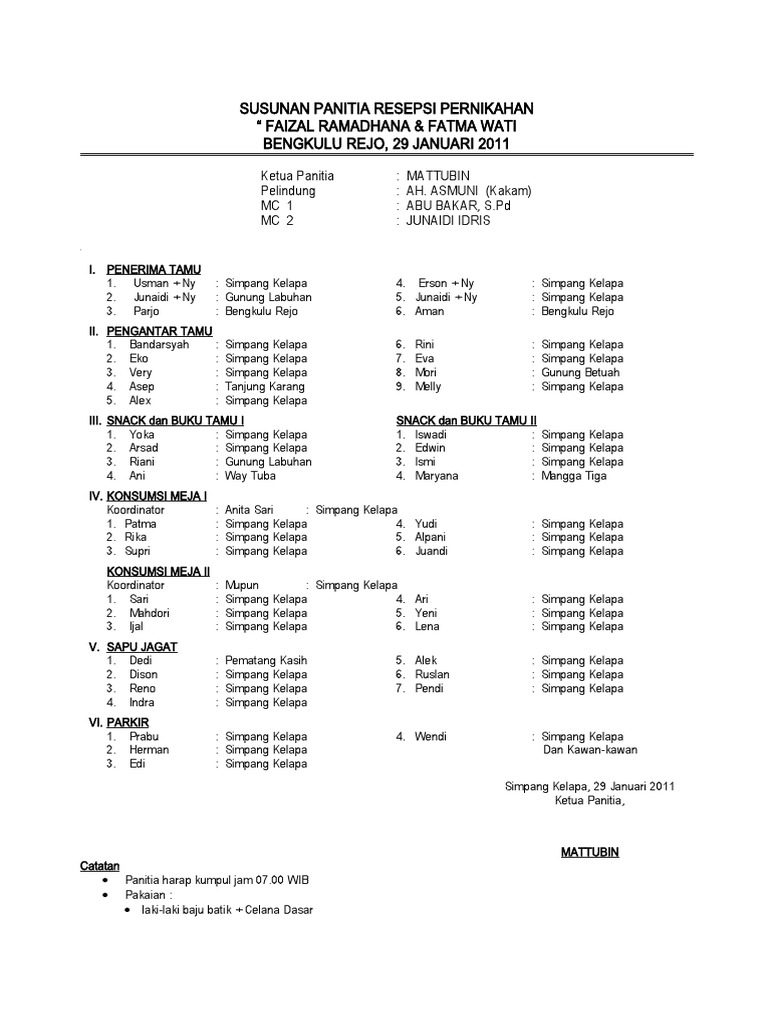 Susunan Panitia Resepsi Pernikahan