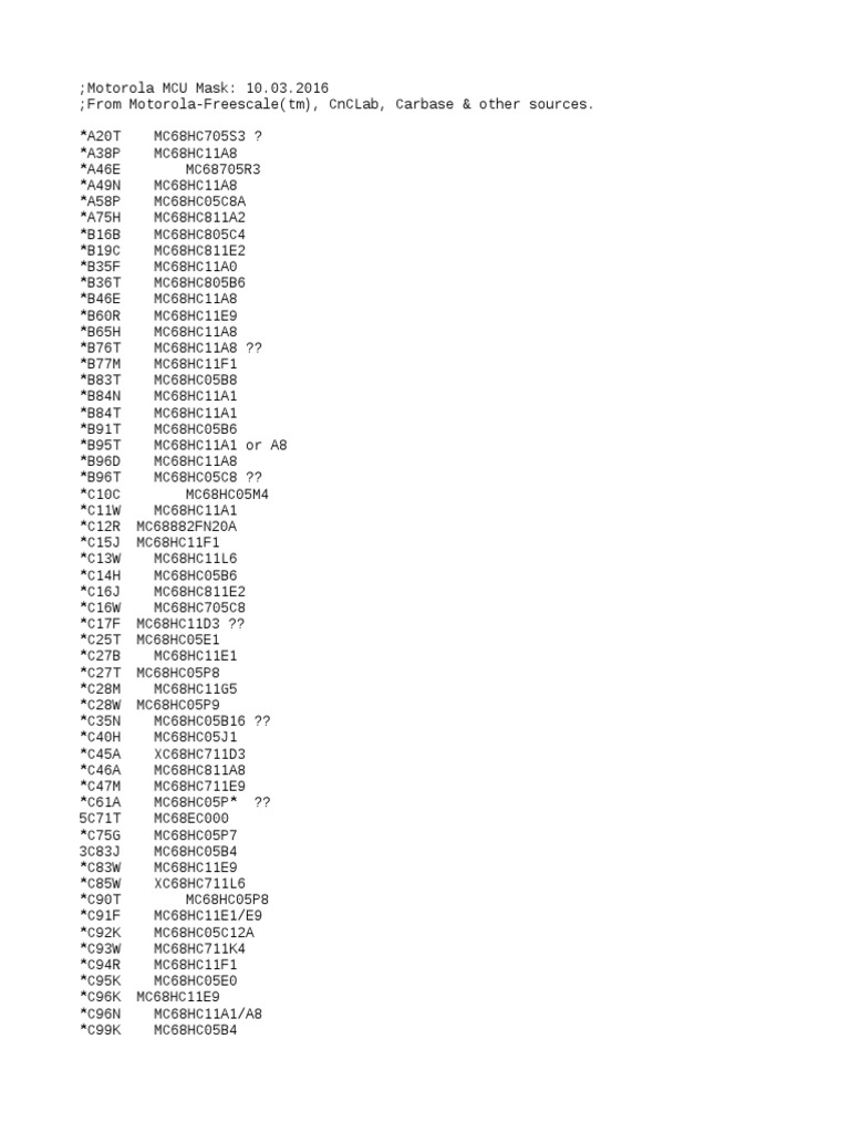 Motorola MCU Mask Codes List | PDF