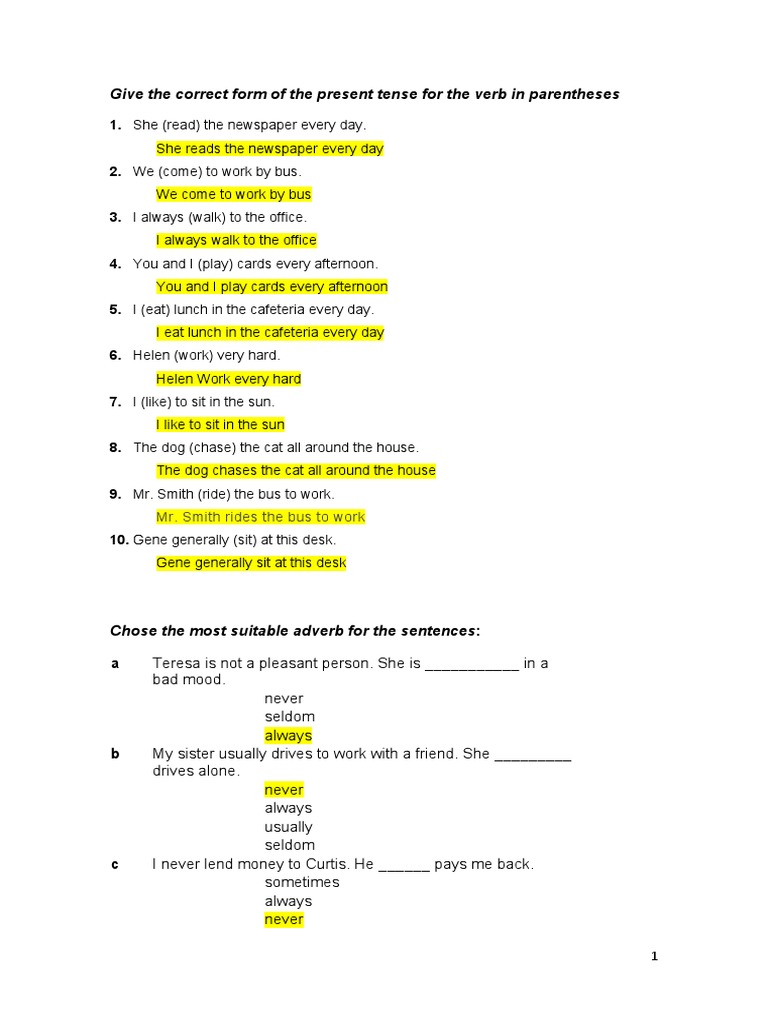 Give The Correct Form of The Present Tense For The Verb in Parentheses ...
