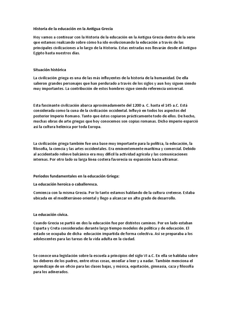 Historia de La Educación en La Antigua Grecia | PDF | Antigua Grecia ...