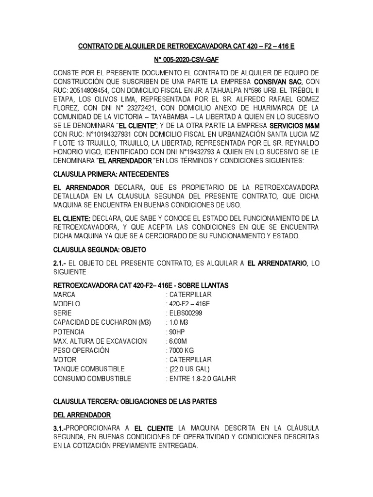 M & M - Contrato de Alquiler de Retroexcavadora Cat 420-F2 - 416 e ...