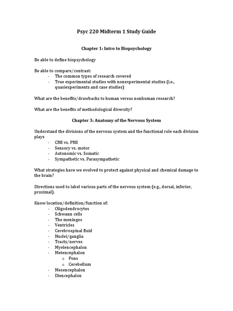 Psyc 220 Biopsychology Midterm Study Guide | PDF | Central Nervous ...