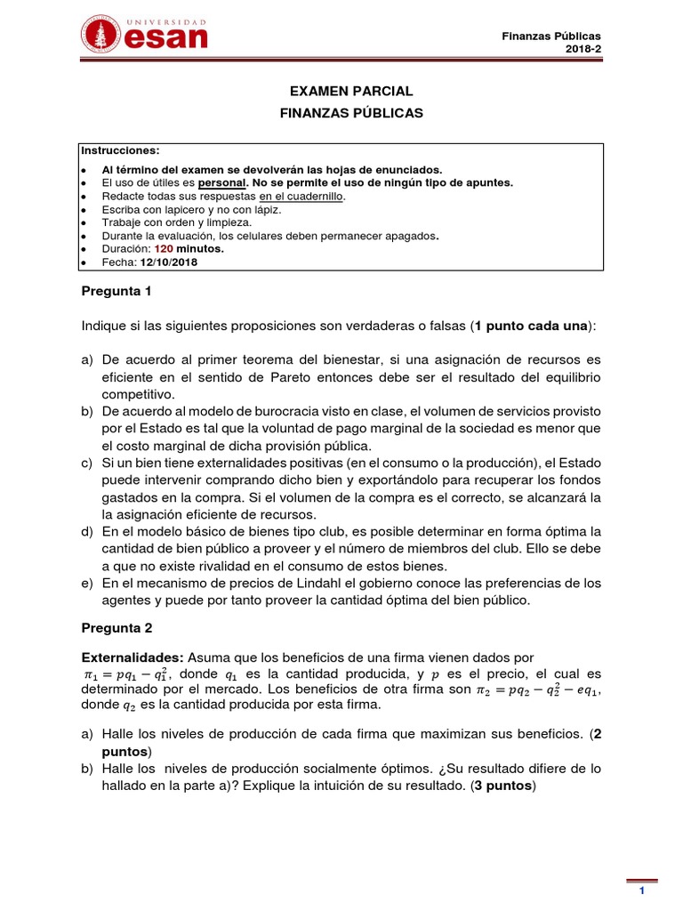 Examen Parcial de Finanzas Públicas 2018 | PDF | Exterioridad | Bienes