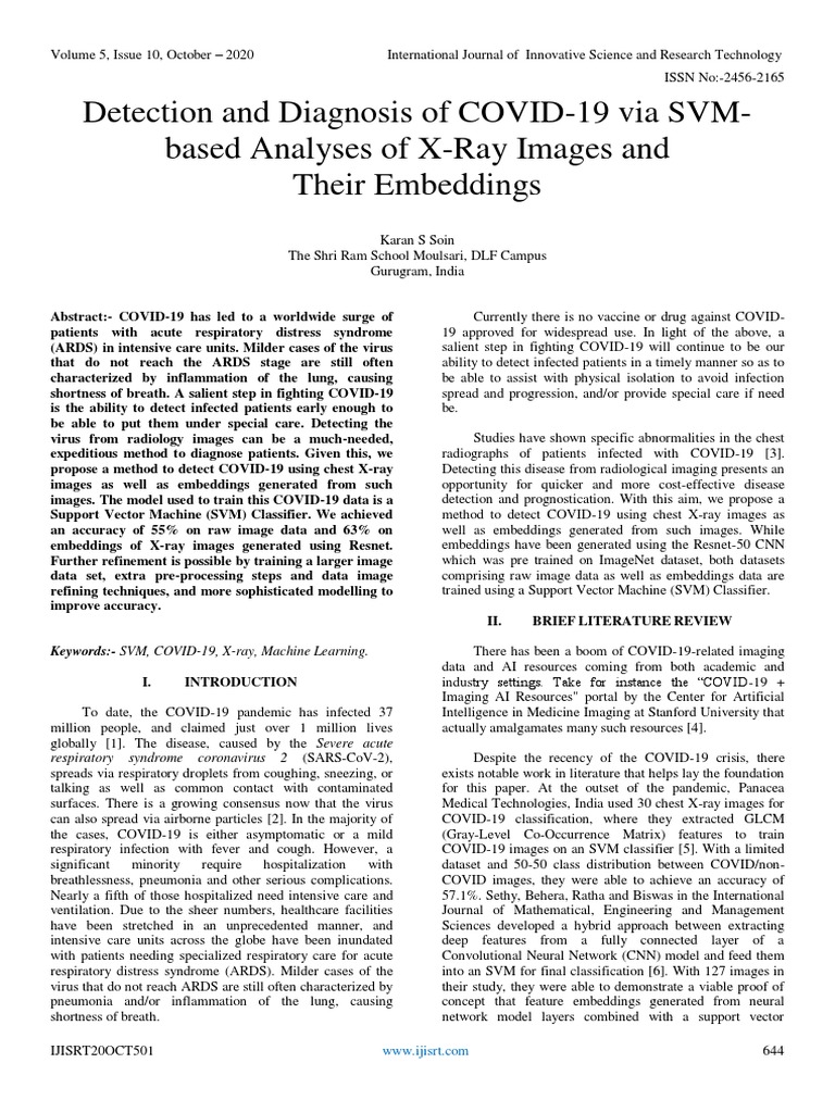 Detection and Diagnosis of COVID-19 Via SVMbased Analyses of X-Ray ...
