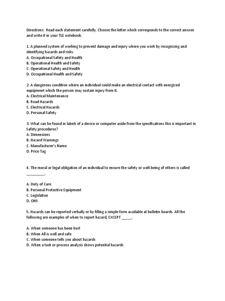 Workplace Safety Quiz Instructions | PDF | Occupational Safety And ...