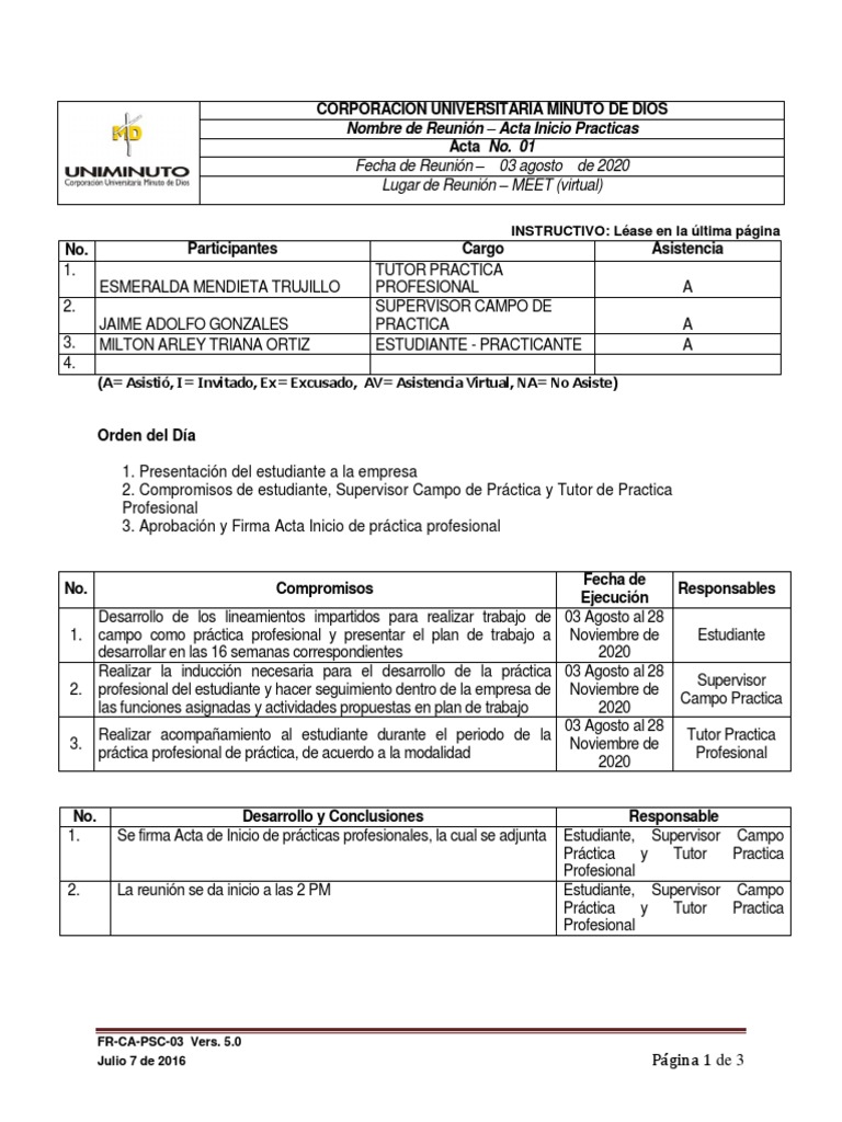 Acta de Inicio de Prácticas Profesionales | PDF | Business