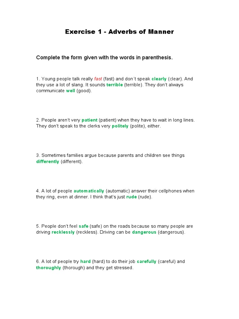 Exercise 1 - Adverbs of Manner | PDF | Language Arts & Discipline ...