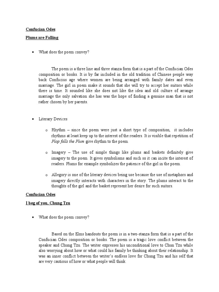 Confucian Odes Plums Are Falling Plop Falls The Plum Give Rhythm To