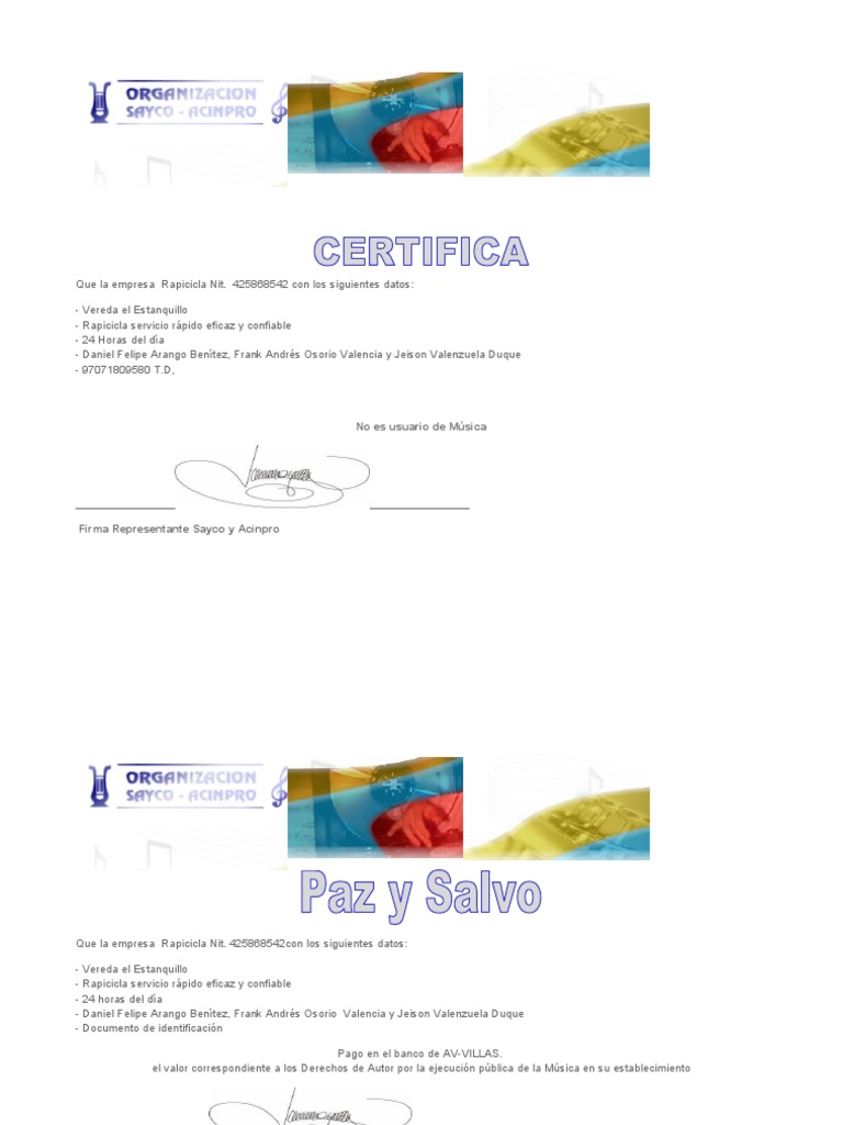 Certificado Paz y Salvo Sayco y Acinpro | PDF
