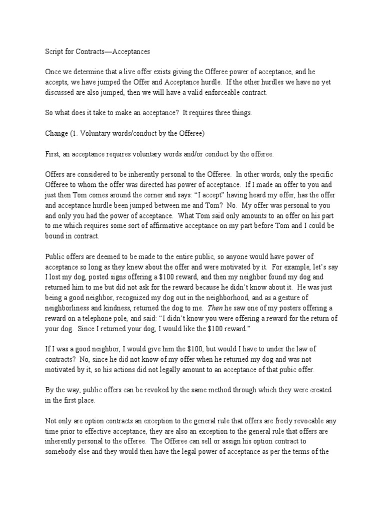 Script For Contracts - Acceptances | PDF | Offer And Acceptance | Mail