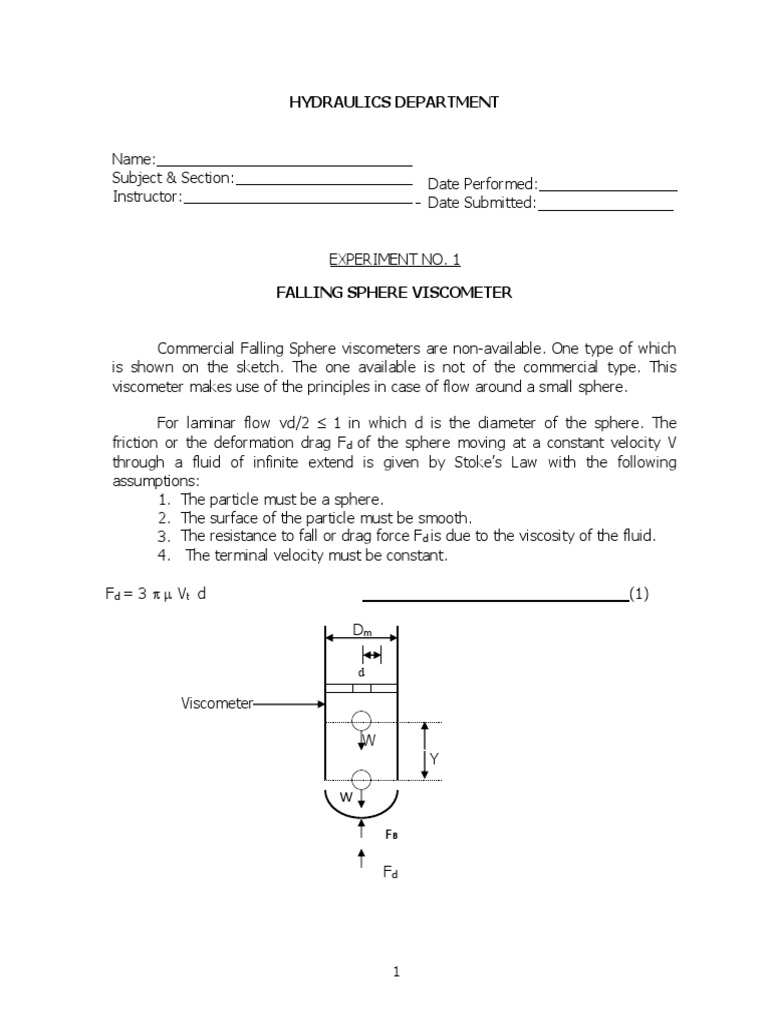 Falling Sphere Viscometer Experiment | PDF | Drag (Physics) | Viscosity