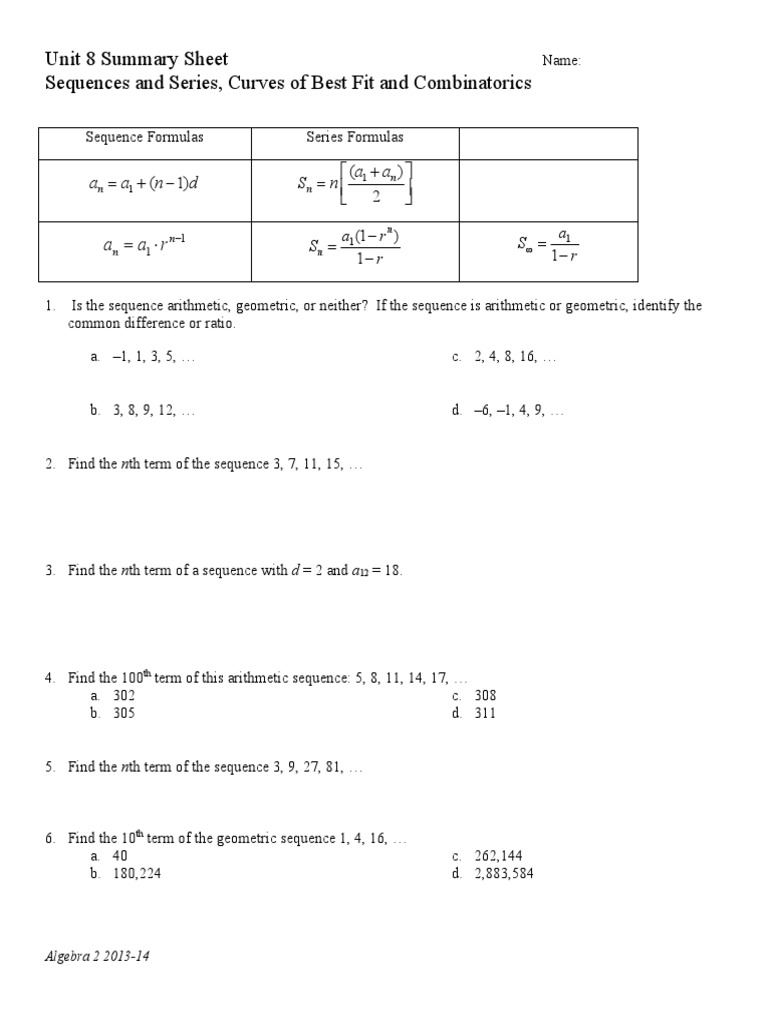 Unit 8 Summary Sheet Sequences and Series, Curves of Best Fit and ...