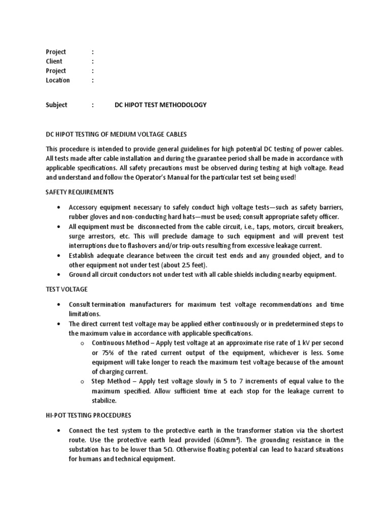 Hipot Test Methodology PDF Electrical Substation Electrical