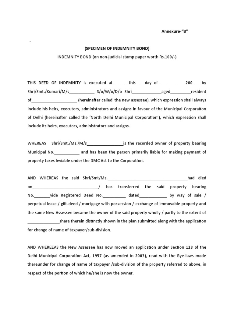 Specimen of Indemnity Bond PDF Property Tax Taxpayer