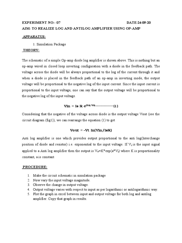 Experiment No07 DATE240920 Aim To Realize Log and Antilog