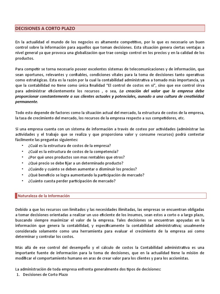 Decisiones Empresariales a Corto Plazo | PDF | Toma de decisiones ...