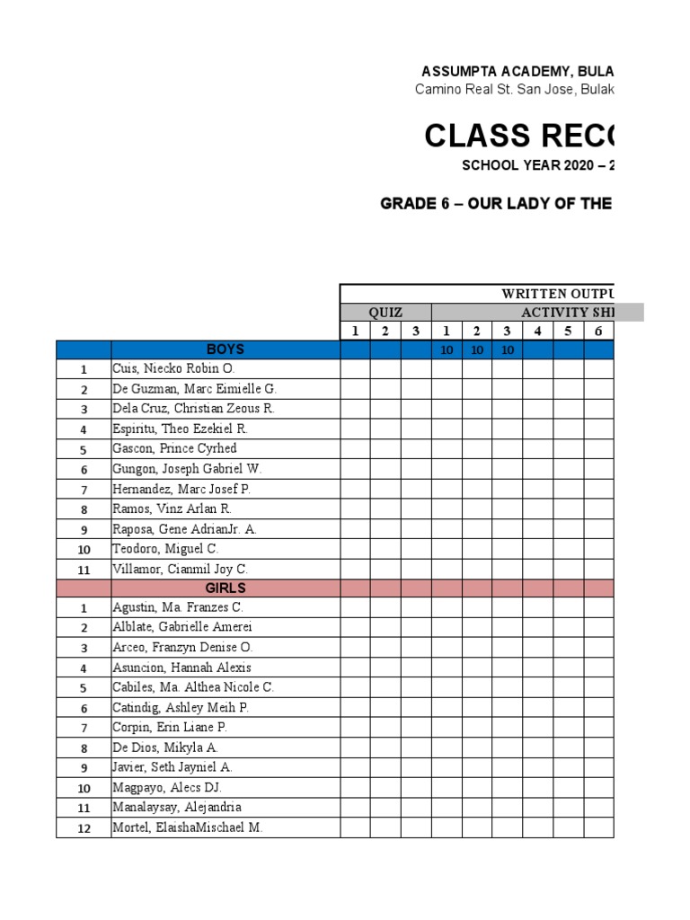 Class Records for Assumpta Academy | PDF