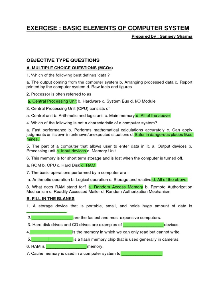 Exercise: Basic Elements of Computer System: Objective Type Questions ...