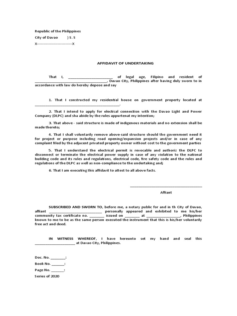 Affidavit of Undertaking SUBSCRIBED AND SWORN TO, Before Me, A Notary