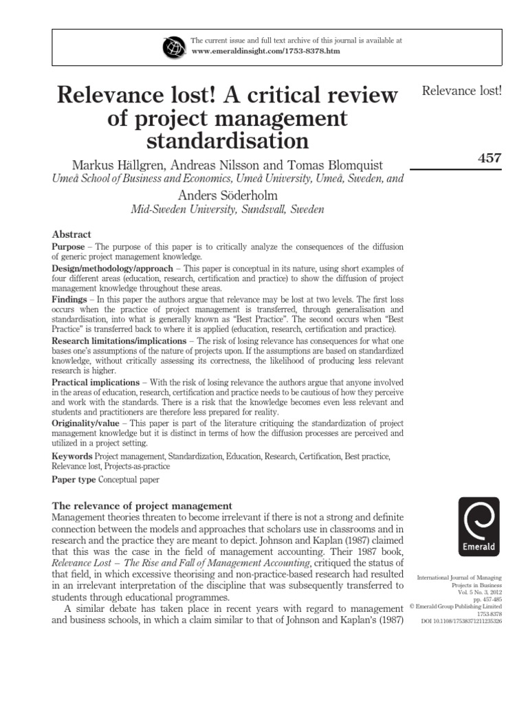 Relevance Lost! A Critical Review of Project Management Standardisation ...