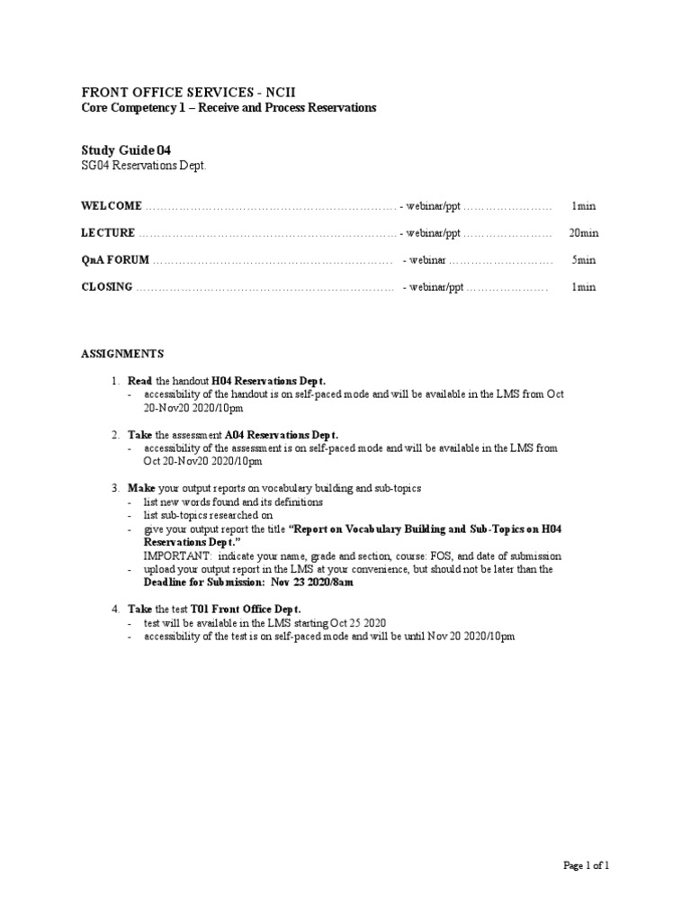 Front Office Services - Ncii: SG04 Reservations Dept | PDF