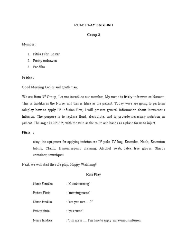 IV Infusion Role Play Script | PDF | Intravenous Therapy | Injection ...