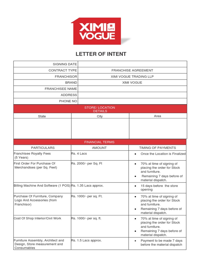 Letter of Intent: Store/ Location Details | PDF | Franchising | Business