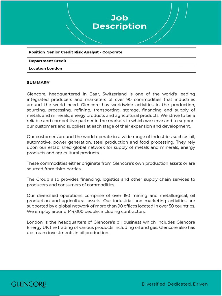 Glencore - Senior Credit Risk Analyst | PDF | Glencore | Credit Risk