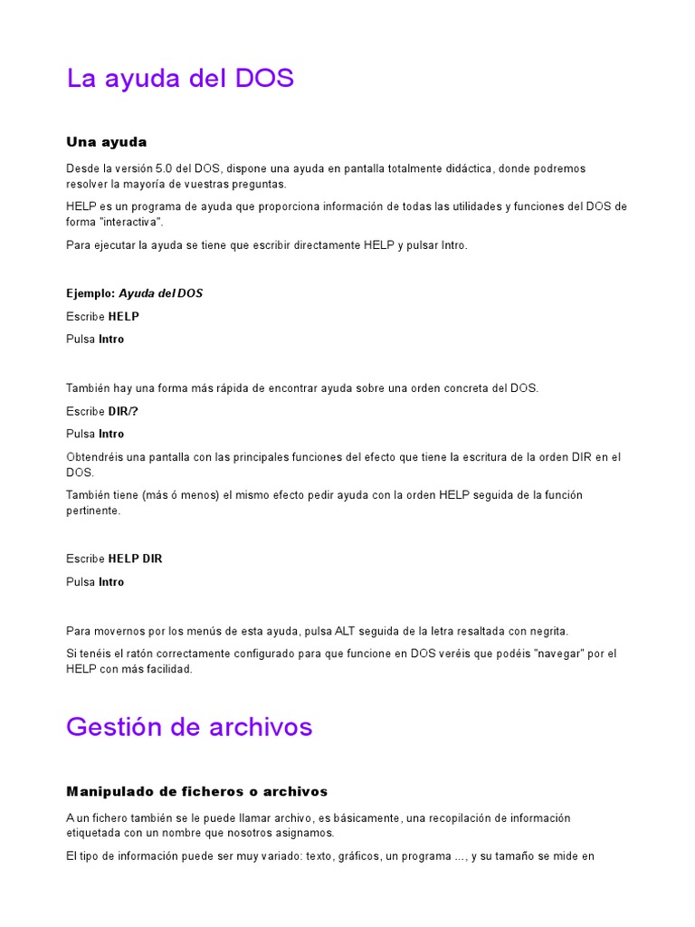 Ayuda y gestión en MS-DOS | PDF | Dos | Archivo de computadora