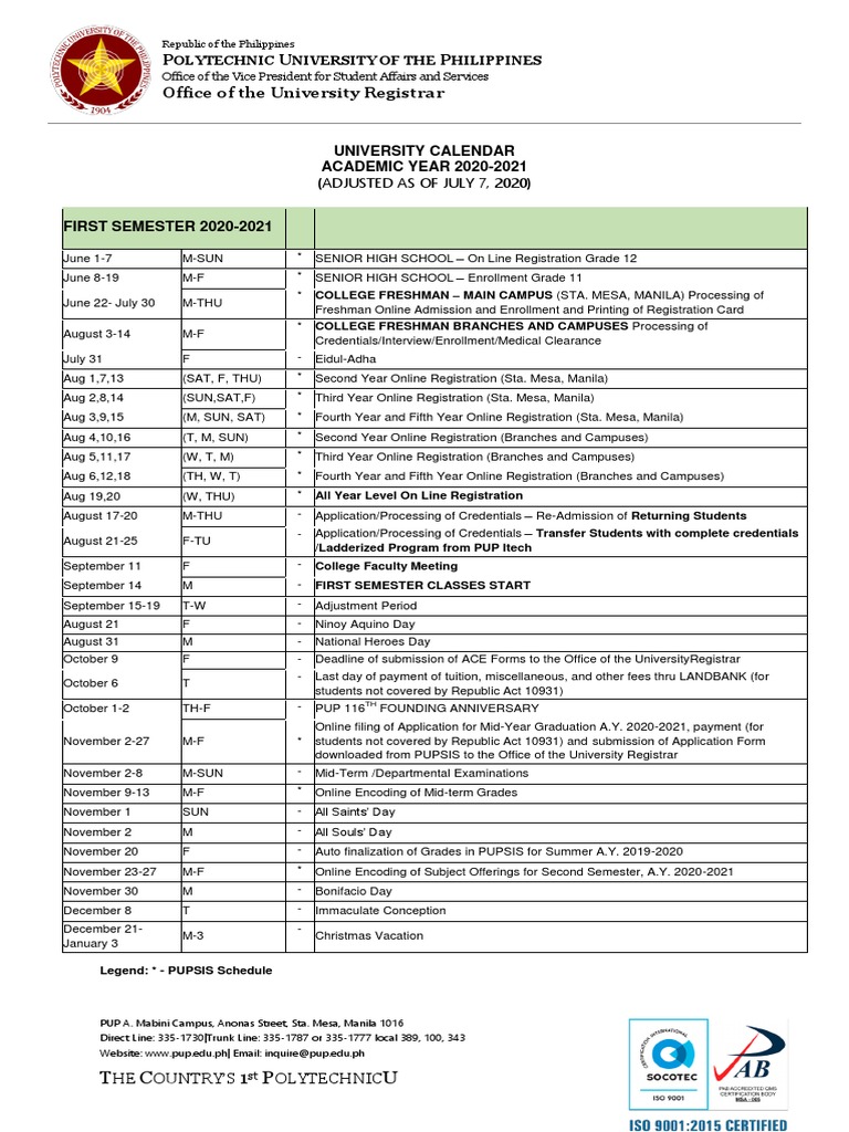 P U P Office of The University Registrar University Calendar ACADEMIC