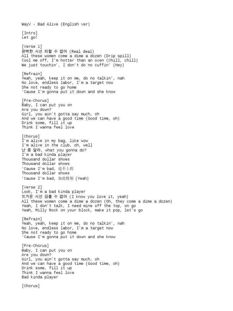 WayV Bad Alive (English Ver) PDF Song Structure Songs